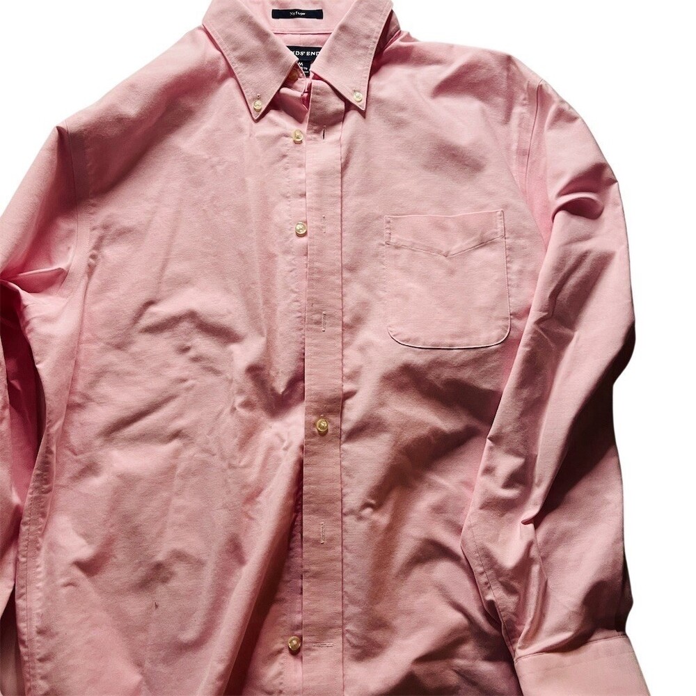 Lands' End Shirt Mens M Pink Solid Button-Down Oxford Long Sleeve No Iron